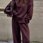 Double Soft Turtleneck Side Zipper Sweatshirt and Elastic Waist Pocketed Loose Pants Set