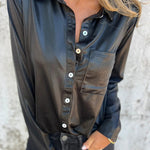 Holiday Look Solid Metallic Loose Pocket Button-down Blouse