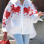 High-Low Loose Buttoned Flower Print Split-Joint Split-Side Lapel Blouses&Shirts Tops