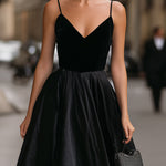 Classic Black Velvet & Taffeta V-Neck Midi Dress