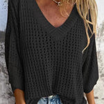 Fashionable Hollow V-neck Long-sleeved Casual Loose Knitted Top