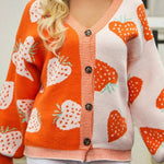 Orange Strawberry Print V-Neck Colorblock Cardigan