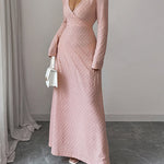 High Waisted Long Sleeves Pleated Solid Color Deep V-Neck Maxi Dresses