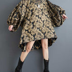 A-Line High-Low Elasticity Flower Print Jacquard Round-Neck Midi Dresses