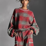 Women's Red And Gray Plaid Brushed Distressed Street Style Color-Blocked Piping Pantsuit Set