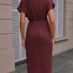 High-Low Loose Knot Pleated Solid Color Split-Front V-Neck Midi Dresses