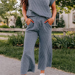 Quilted Textured Short Sleeve Top and Wide Leg Pants Set