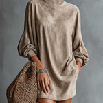 Women's Minimalist Loose-fitting Faux Suede High-neck Mini Dress