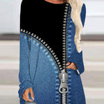 Crew Neck Long Sleeve Denim Pattern Mid-length Blouse