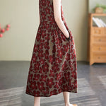 Loose Oversize Drawstring Floral Printed Round-Neck Midi Dresses