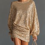 Women's Gold Sequin Loose Lantern Sleeve Mini Dress