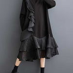 A-Line Long Sleeves Contrast Color Pockets Ruffle Trim Split-Joint V-Neck Midi Dresses