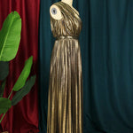 High Waisted Loose Asymmetric Pleated Shiny Solid Color One-shoulder Maxi Dresses