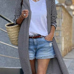 Black and White Striped Print Open Front Long Cardigan