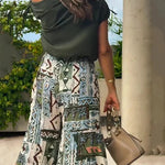 Terrace View Off Shoulder Tie Loose Top and Elastic Waist Unique Print Loose Pants Set