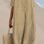 Loose Short Sleeved Solid V-Neck Dress