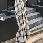 Long Sleeves Loose Plaid Split-Joint Tied Waist Lapel Maxi Dresses Shirt Dress