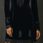 Retro Black Velvet Embroidered Lace Trim Mini Dress