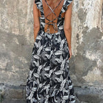 Elegant Hollow Tie Feather Print Ruffle Sleeve Maxi Dress