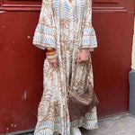 Casual Ethnic Print Trumpet Sleeve Maxi Dress