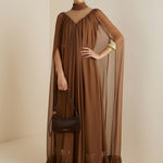 Cape Irregularity Layered Pleated Ruffled See-Through Solid Color Split-Joint High Neck Maxi Dresses