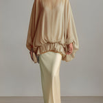 Women's Champagne & Pale Yellow Set With Sheer Oversized Blouse & Satin Maxi Skirt, Timeless Luxe-Effortless Style Set