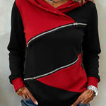 Women's Casual Loose Paneled Color-Block Zipper Hooded Sweatshirt