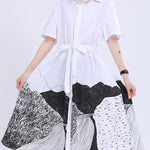 Loose Short Sleeves Contrast Color Drawstring Printed Tied Waist Lapel Midi Dresses Shirt Dress