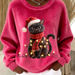 Women's Vintage Christmas Black Cat Print Sweater