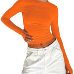 Long Sleeves Skinny Hollow Solid Color Round-Neck T-Shirts Tops