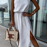 Casual Solid Bandage Oblique Collar Sleeveless Dress Dresses