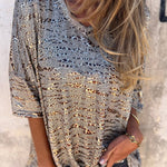 Gray Leopard Print 3/4 Sleeve V Neck Loose Fit T Shirt