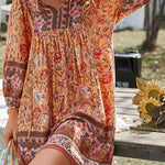 A-Line Loose Contrast Color Flower Print Pleated V-Neck Mini Dresses