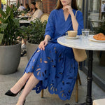 A-Line Long Sleeves Hollow Pleated Solid Color Split-Joint V-Neck Maxi Dresses