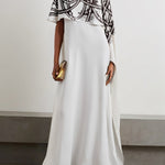 A-Line Capelet Contrast Color Printed Mock Neck Maxi Dresses