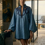 A-Line Long Sleeves Contrast Color Hollow Split-Joint Stand Collar Mini Dresses