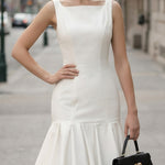 Square-Neck Fitted Midi Dress With Flared Hem
