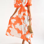 Elegant V-neck slim waist large swing skirt printed dress