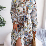 Long Sleeves Buttoned Flower Print Tied Waist Lapel Maxi Dresses