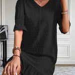 A-Line Flared Sleeves Elasticity Jacquard Pleated Solid Color Split-Joint V-Neck Mini Dresses