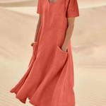 JFN Cotton & Linen Solid Color Loose Casual Pocket Dress