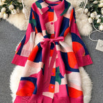 Flared Sleeves Loose Belted Contrast Color Pleated Midi Dresses