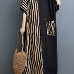 A-Line Batwing Sleeves Contrast Color Pockets Split-Joint Striped V-Neck Maxi Dresses