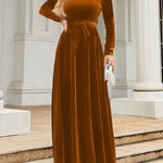 Long Sleeves Wrap Belted Pleated Solid Color Zipper Round-Neck Maxi Dresses