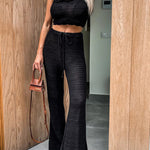 Olivian Knit Rose Applique Halter Tank and Elastic Waist Flare Pants Set
