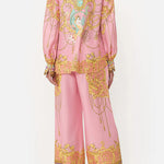 Margovil Unique Print Lantern Long Sleeves Blouse Shirt and Wide Leg Pants Holiday Outfit Set