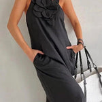 Margovil 3D Flower Side Slit Cotton Linen Maxi Cami Dress