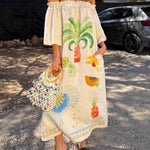 A-line Long Sleeves Contrast Color Pleated Pockets Printed Split-back Split-Joint Off-the-shoulder Maxi Dresses