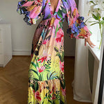 Bishop Sleeve High Waisted Flower Print Pleated Ruffled Split-Joint Deep V-Neck Maxi Dresses