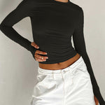 Long Sleeves Skinny Hollow Solid Color Round-Neck T-Shirts Tops